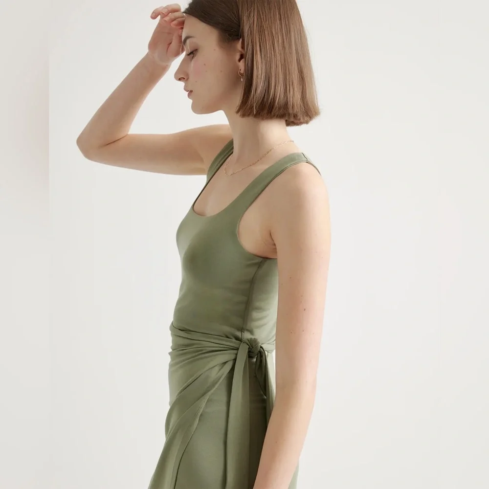 Quince Tencel Jersey Side Tie Midi Dress Dark Olive Size Medium NWT - Picture 2 of 4